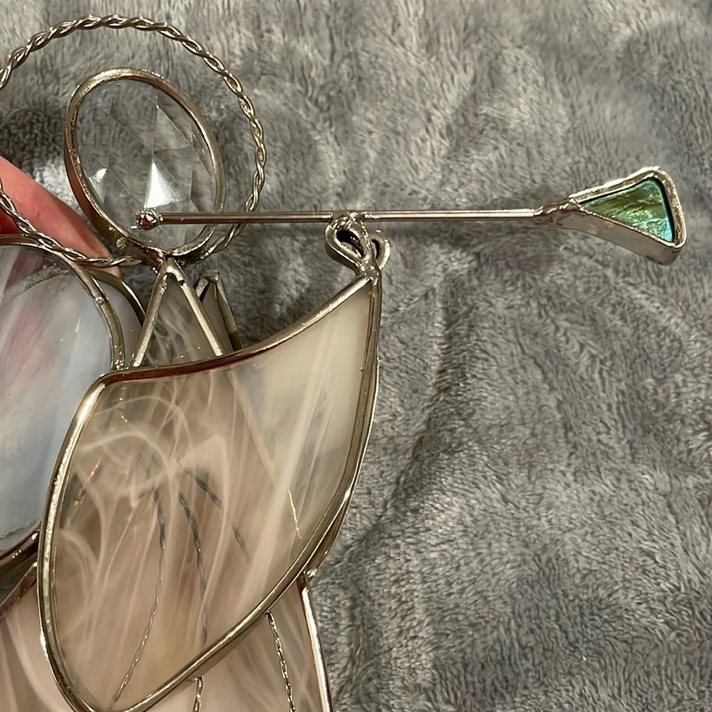 Stained glass angel sounding trumpet glass wings silver trim and halo crystal - Picture 5 of 8